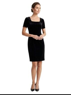Talbots Vintage Square Neck Short Sleeve Black Velvet Classic Dress Size 8